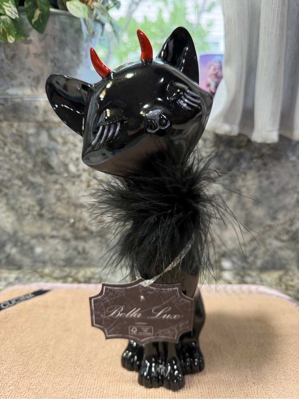 Bella Lux Devil Cat Halloween Figurine w/ Feather Collar | 10.5" NWT